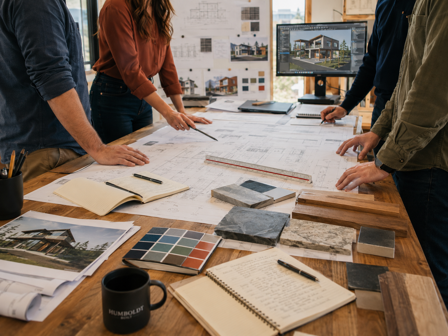 Architectural team collaborating over blueprints and design plans on a large wooden table, with computer screens, color swatches, material samples, notebooks, and sketches.