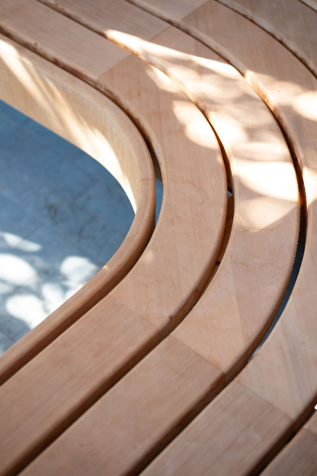 Close-up of a curved wooden bench with shadows and sunlight falling on it.