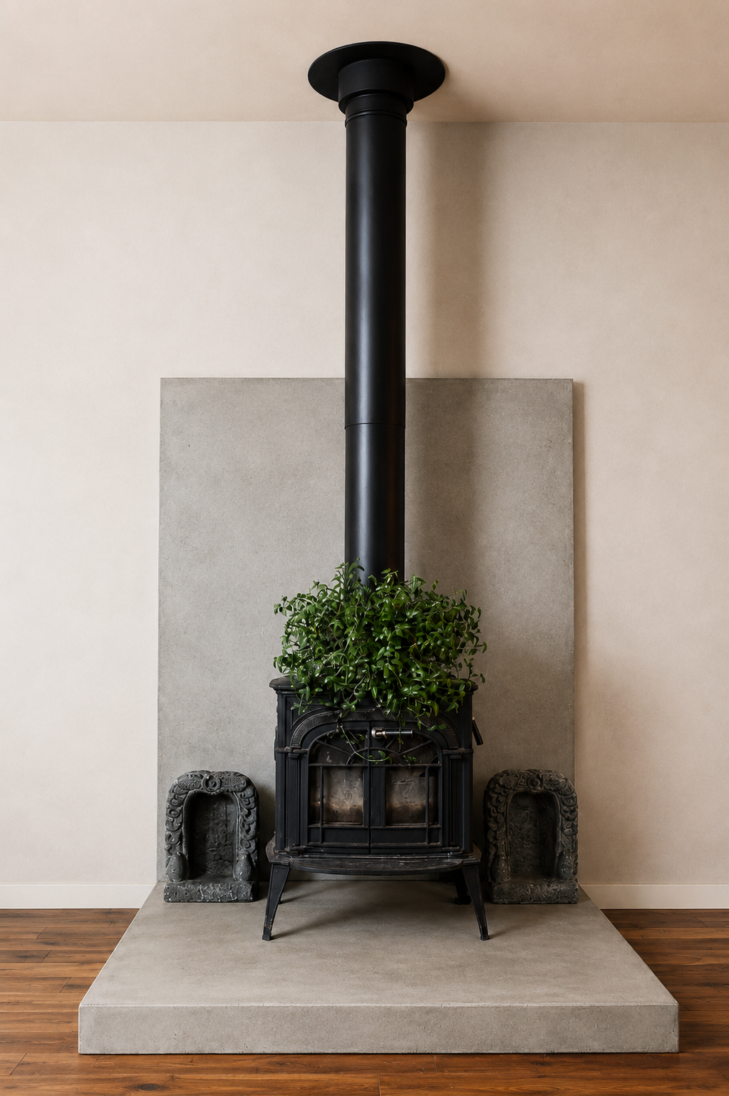 A black wood stove with a tall pipe, a green plant on top, and two carved gray stone sculptures on either side, positioned on a raised concrete platform in front of a beige and gray wall.