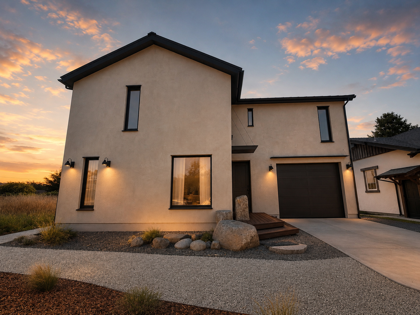 Modern two-story house at sunset with exterior lights on, a black garage door, and a small landscaped front yard with rocks and plants.