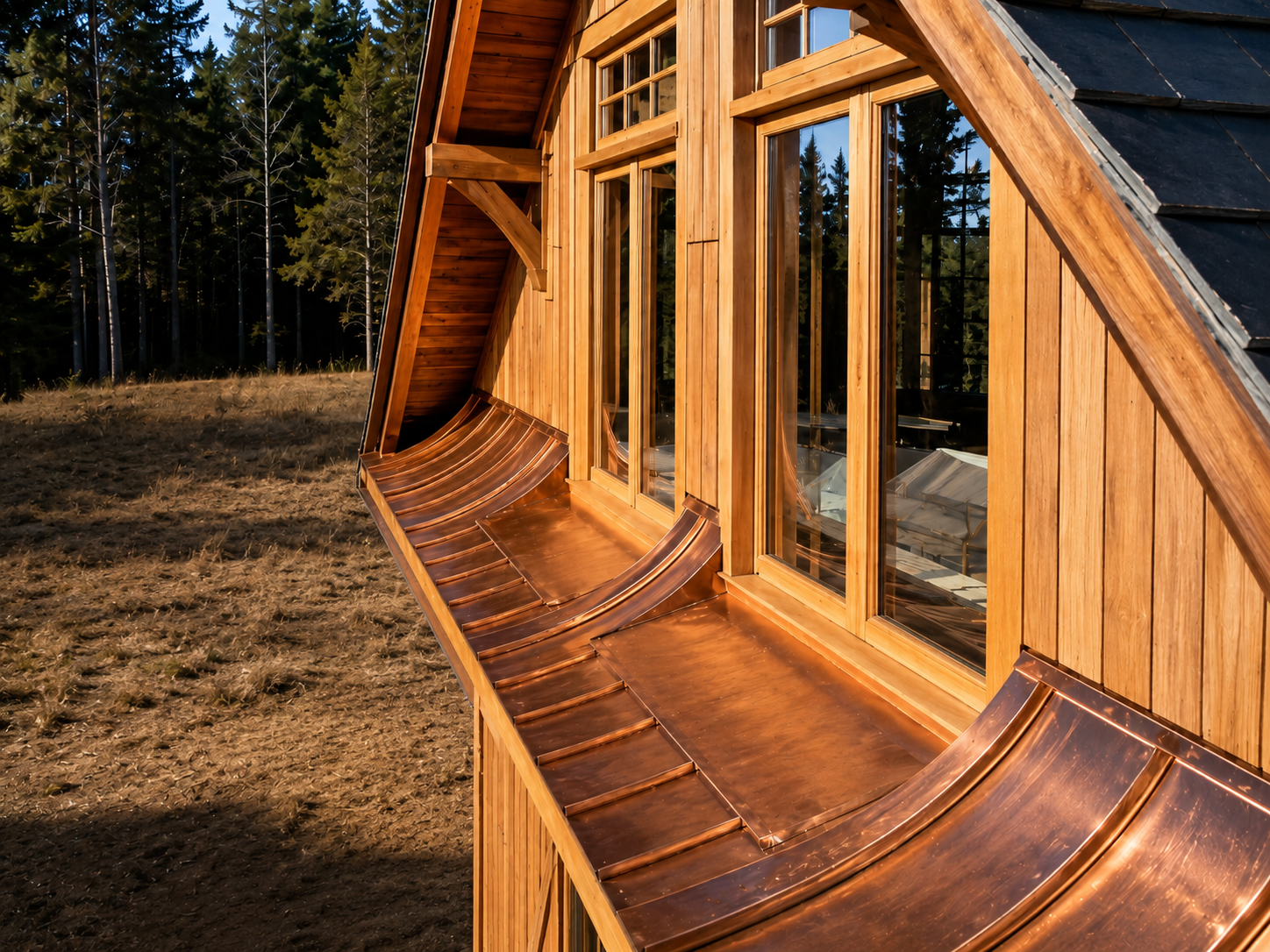 A close-up view of a wooden A-frame house with large glass windows and a copper roof, situated in a forested area.