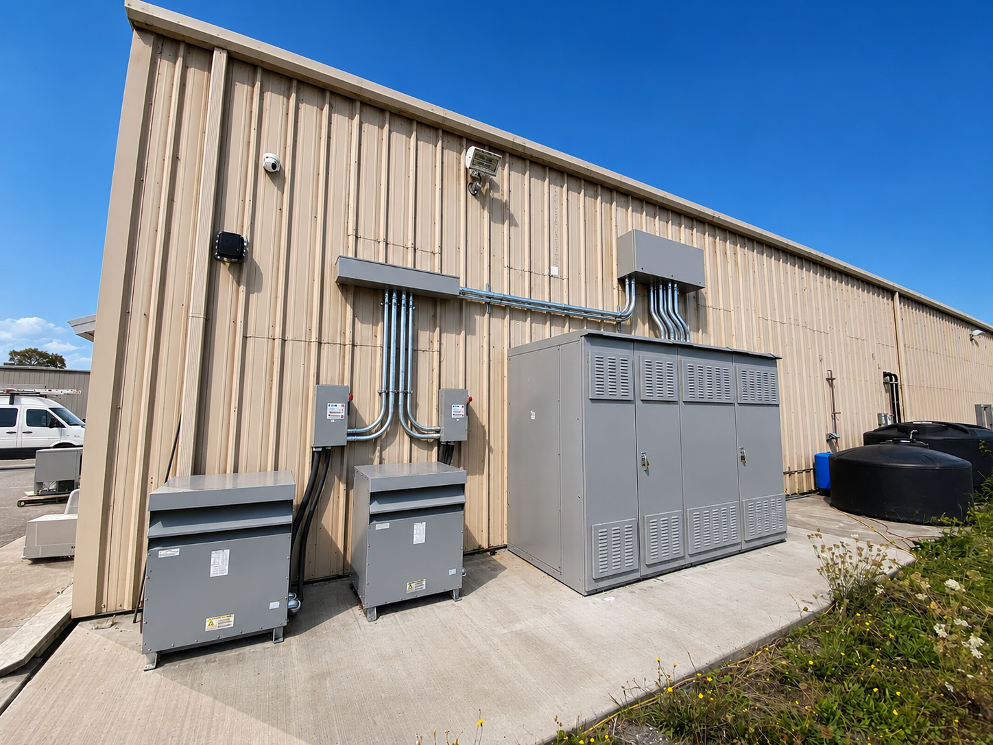 External view of an industrial building with electrical equipment, including gray electrical boxes, conduit, and cooling tanks, on a concrete pad under a clear blue sky.