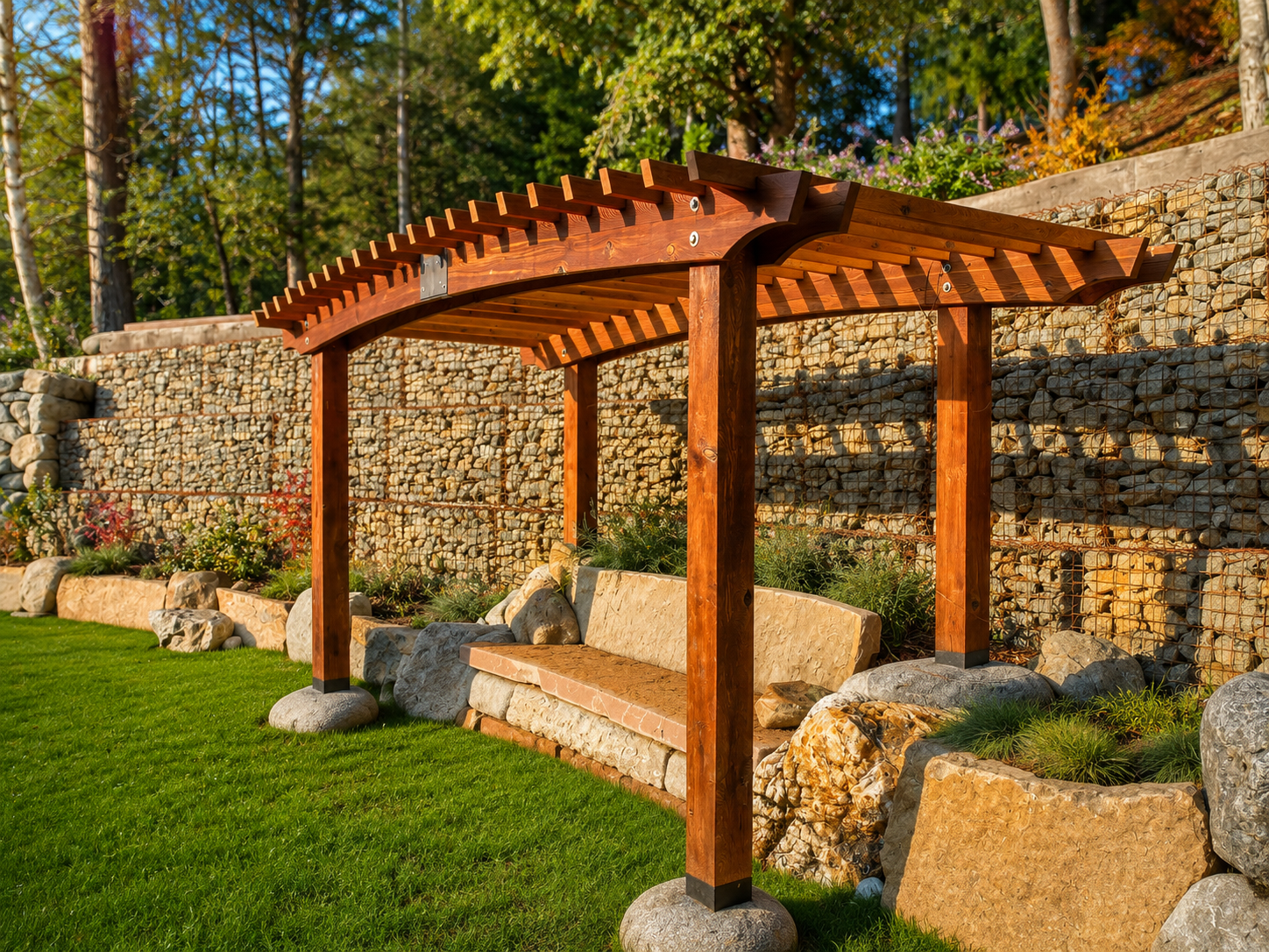 Wooden garden arbor with stone base and a stone bench underneath, set against a stone retaining wall with greenery and flowers in the background.