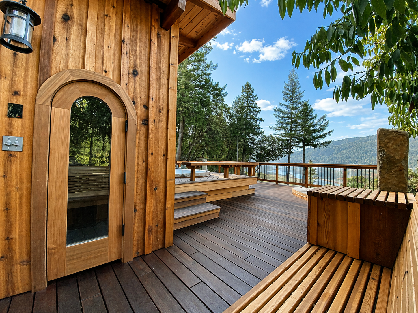 A wooden deck with stairs and railings, surrounded by trees, with a scenic mountain view under a blue sky with some clouds.