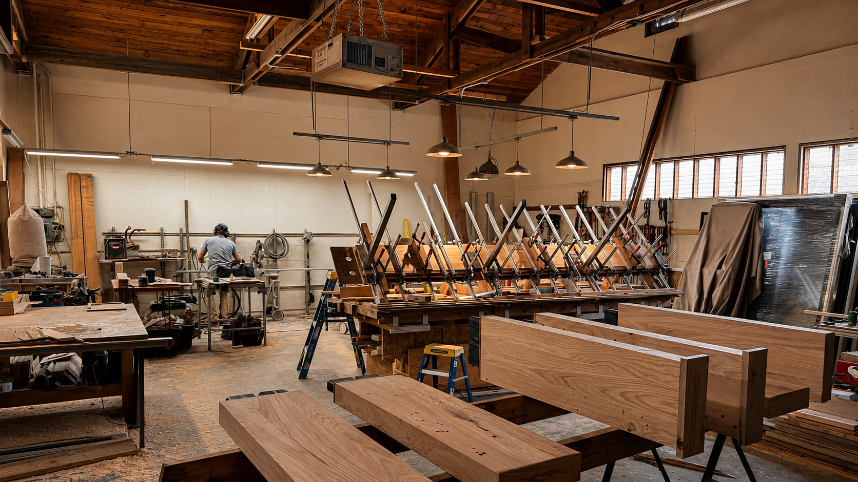 Woodworking workshop with tables, chairs in progress, and various tools and equipment. Worker is visible in the background, woodworking equipment and wood pieces are scattered around.