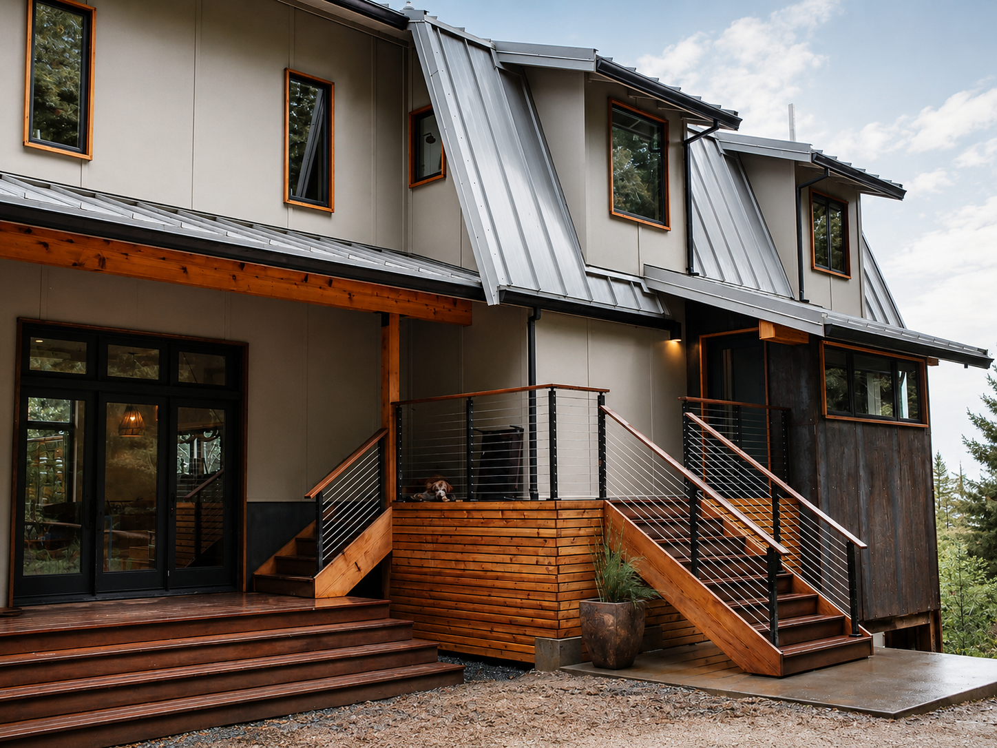 Modern multi-story house with stairs leading to a balcony, featuring wooden and metal elements, large windows, and surrounding trees.