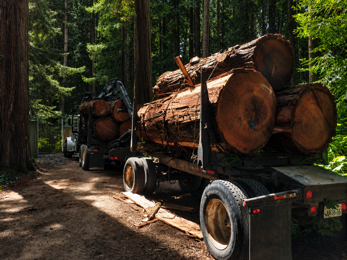 A truck loaded with large logs of wood, parked on a dirt path in a forest surrounded by tall trees and green foliage.