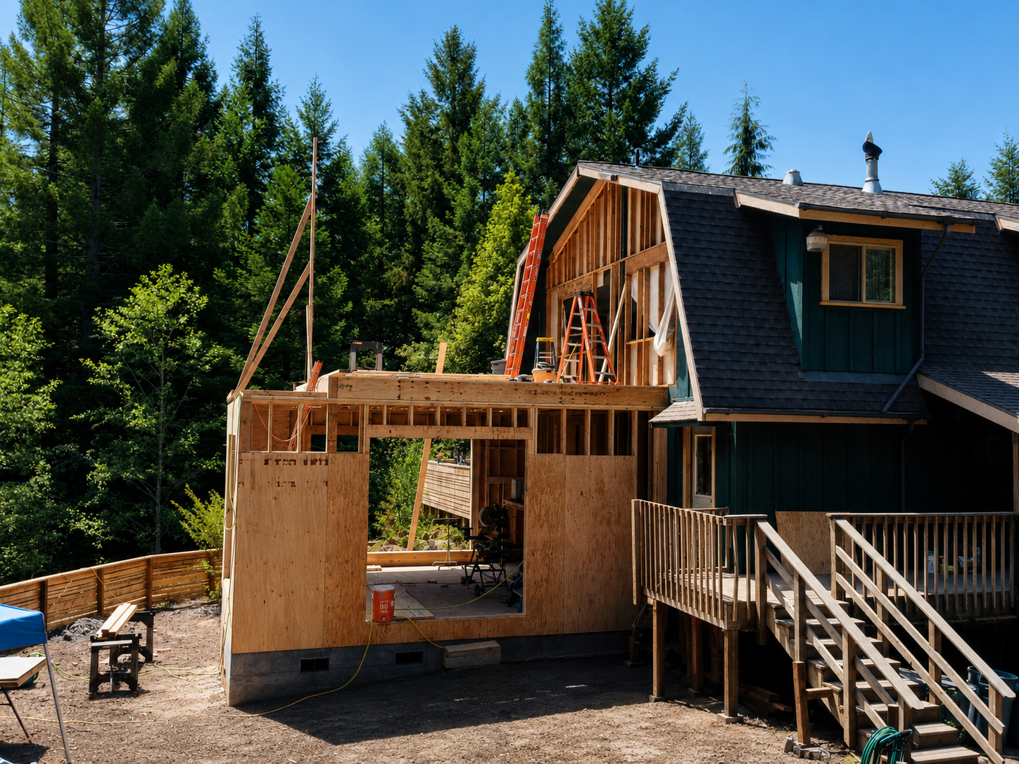 House under construction with wooden framing, stairs, and an extension set against a backdrop of tall green trees and a bright blue sky.