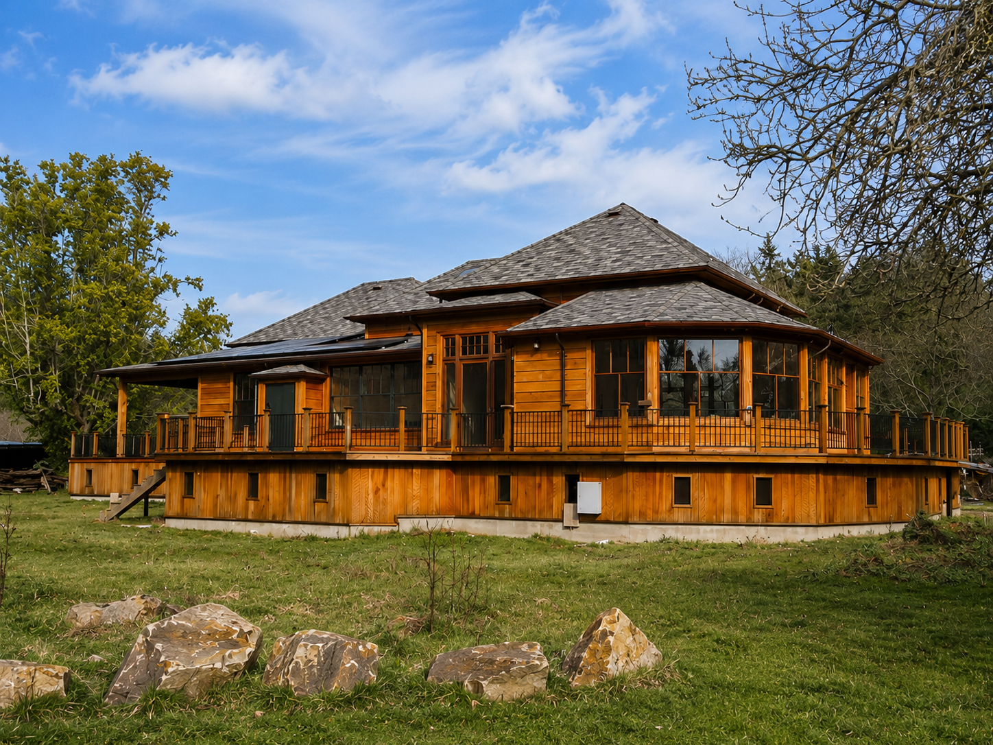 A wooden house with a wraparound porch and large windows, situated on a grassy lot with trees and rocks in the foreground.
