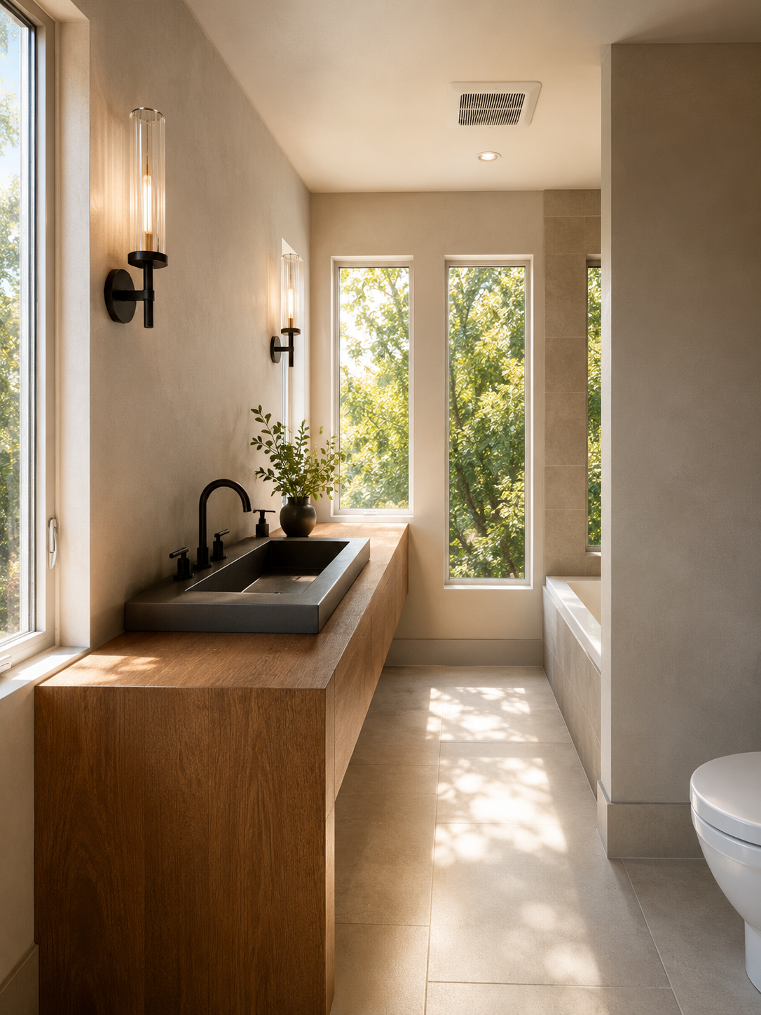 Modern bathroom with beige walls, a wooden vanity with a dark sink, black fixtures, and tall narrow windows showing green trees outside. There's a potted plant on the vanity, wall-mounted lights, a bathtub in the corner, and a partial view of a toile