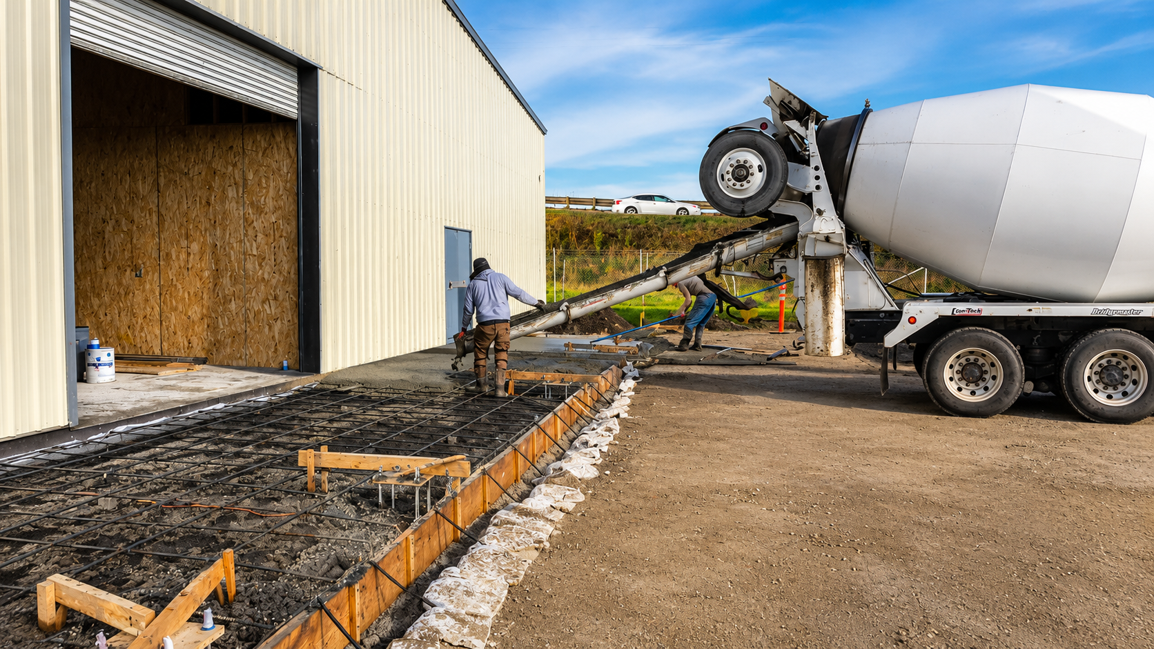 Construction workers pouring concrete with a cement mixer outside a building, preparing the foundation.