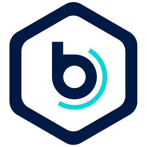 A logo featuring a lowercase letter 'b' in dark blue, with a light blue curved line below it, inside a white hexagon with a dark blue border.