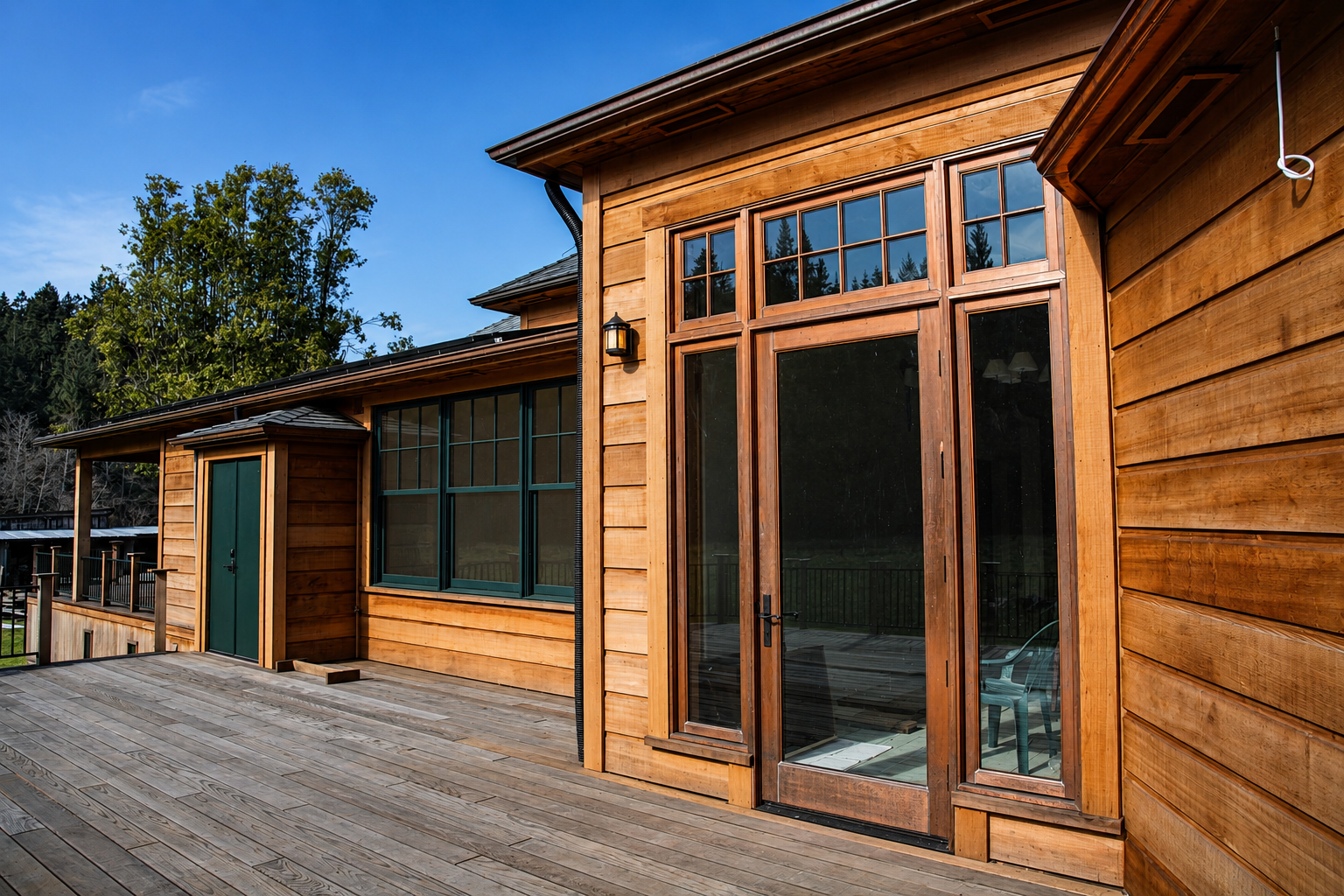 Exterior of a wooden house with large windows and a deck, surrounded by trees and a clear blue sky.