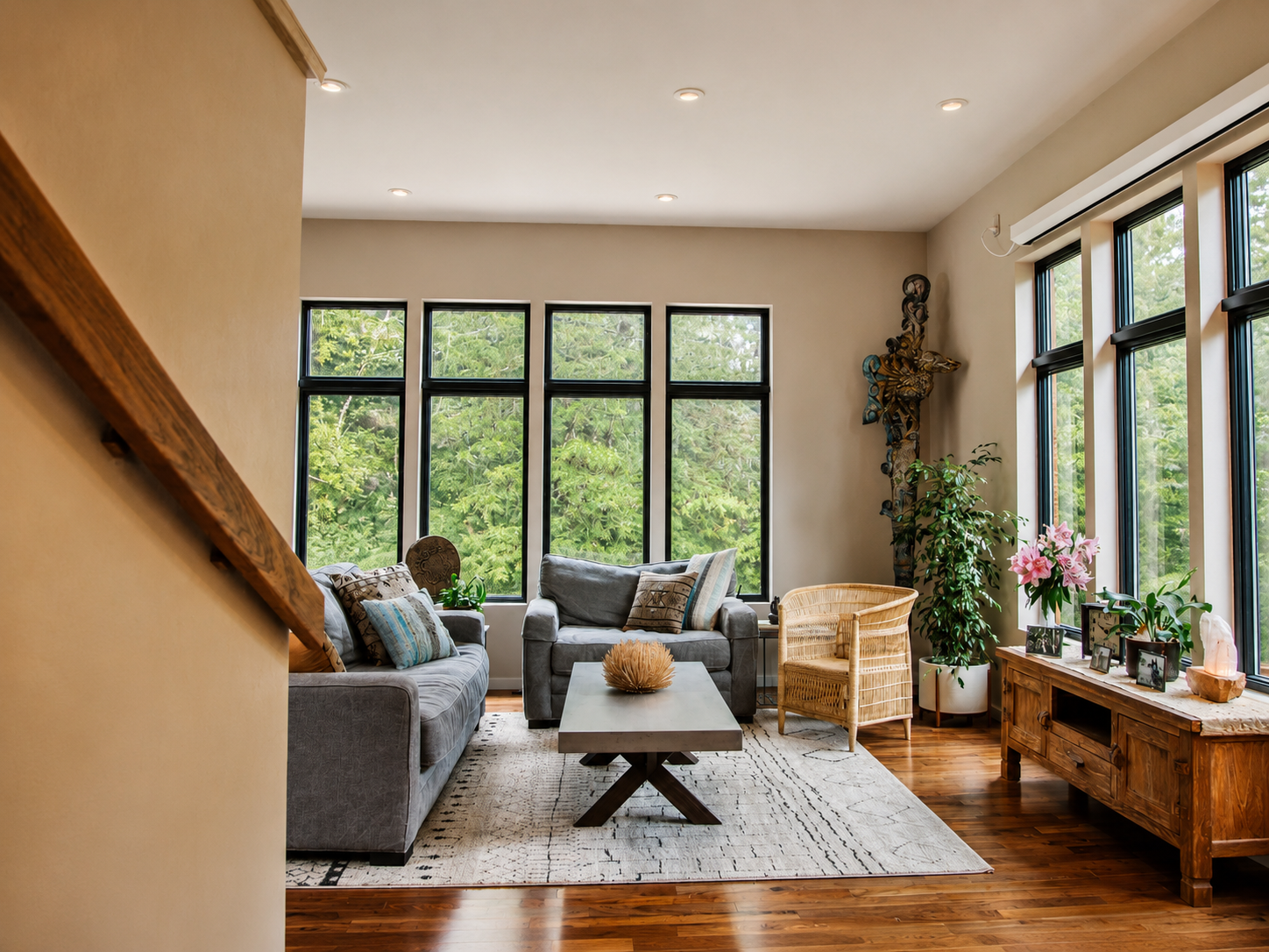 Living room with gray sofas, wooden floors, large windows with greenery outside, and decor including a wooden console table, plants, and framed photos.