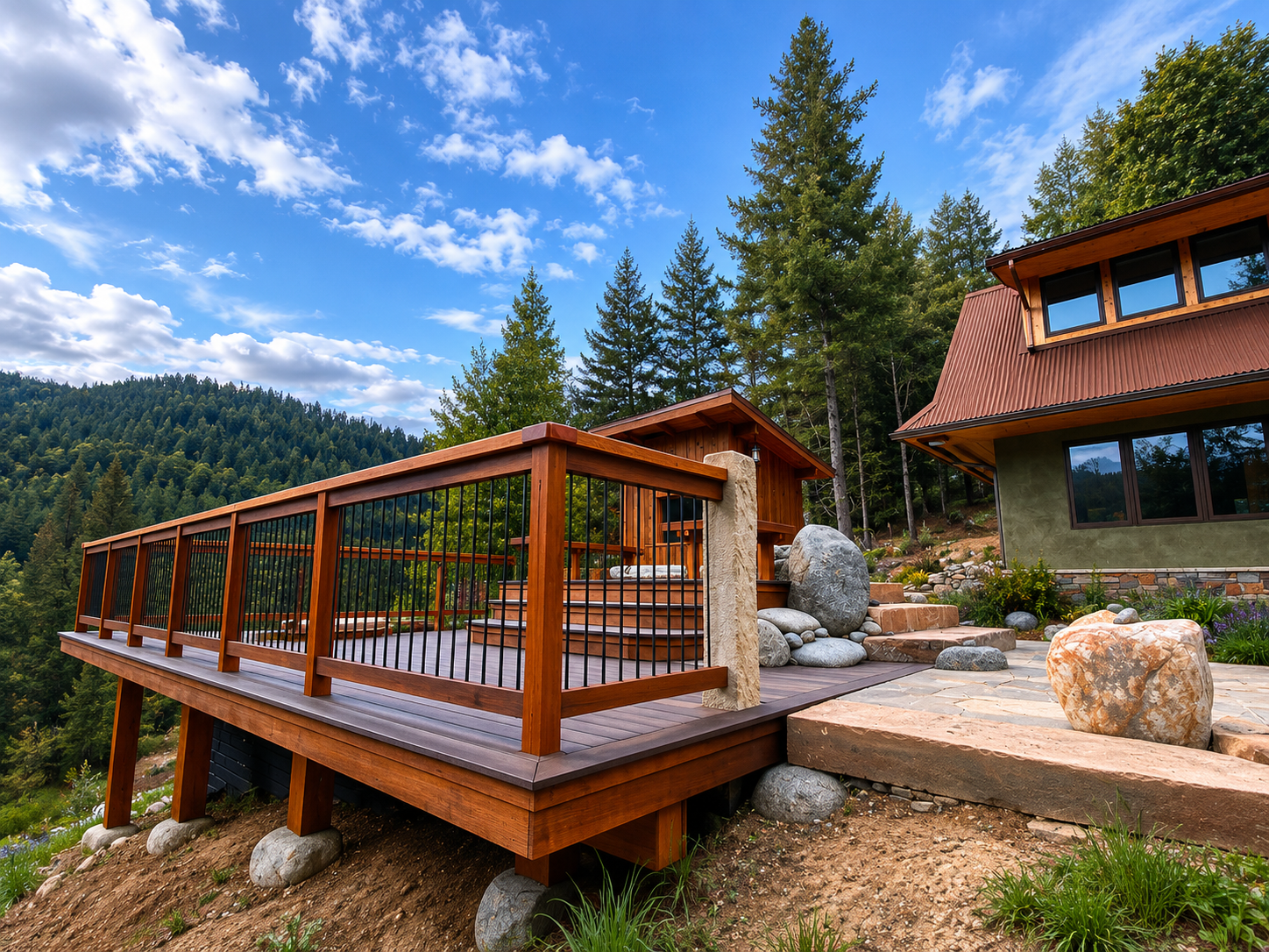 A wooden deck with a black railing, rocks, and stairs leads to a house with a green exterior and brown metal roof, set in a forested mountain landscape under a bright blue sky with clouds.