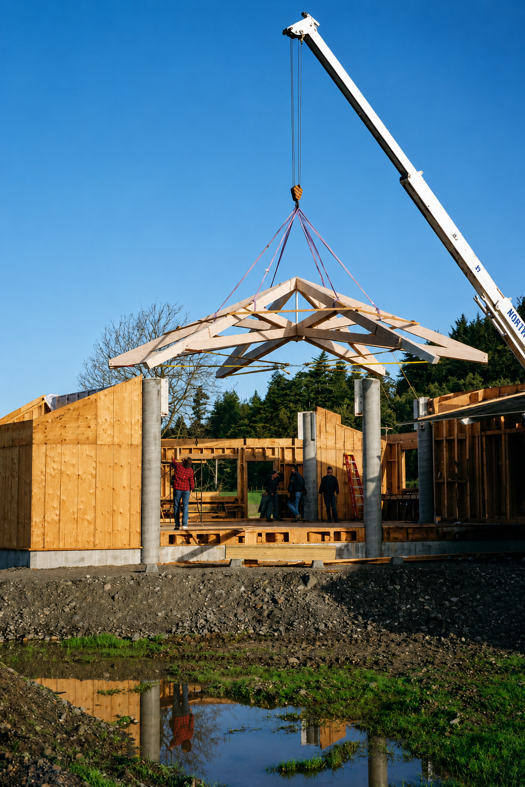 A construction site where workers are installing a wooden roof truss using a crane. The partially built wooden structure is set against a background of trees and a clear blue sky.