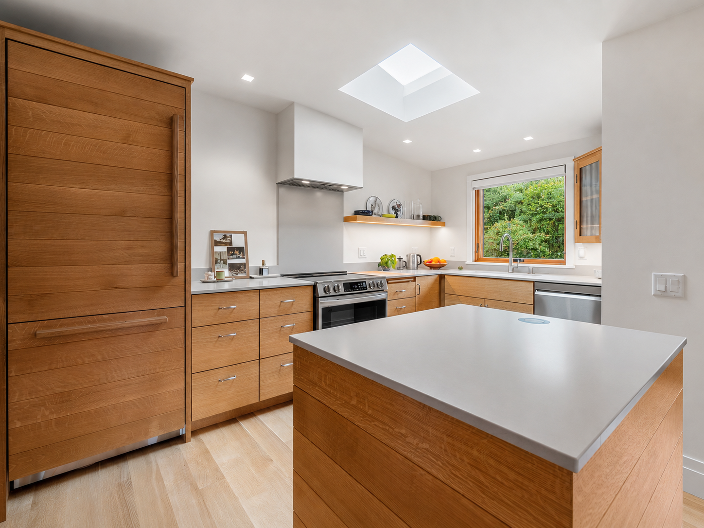 Modern kitchen with wooden cabinets, white countertops, stainless steel appliances, and a window with a green outdoor view.
