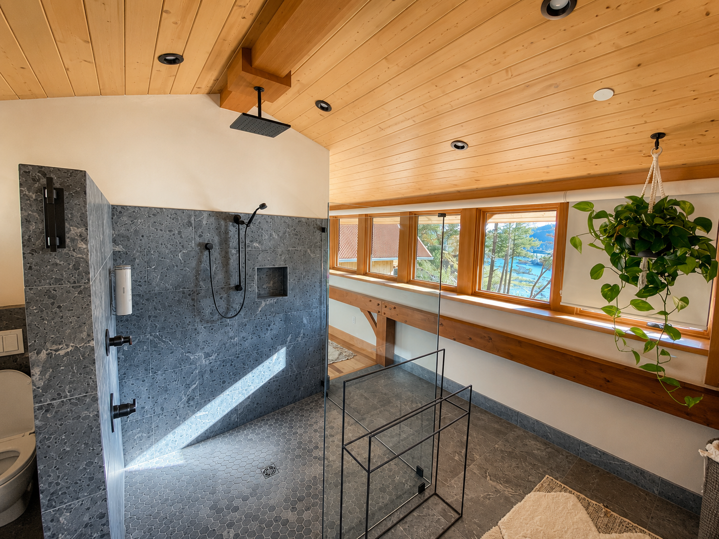 Bathroom with a walk-in shower featuring gray tiles and black fixtures, large windows with a view of trees and water, wooden ceiling, hanging plant, and beige rug.