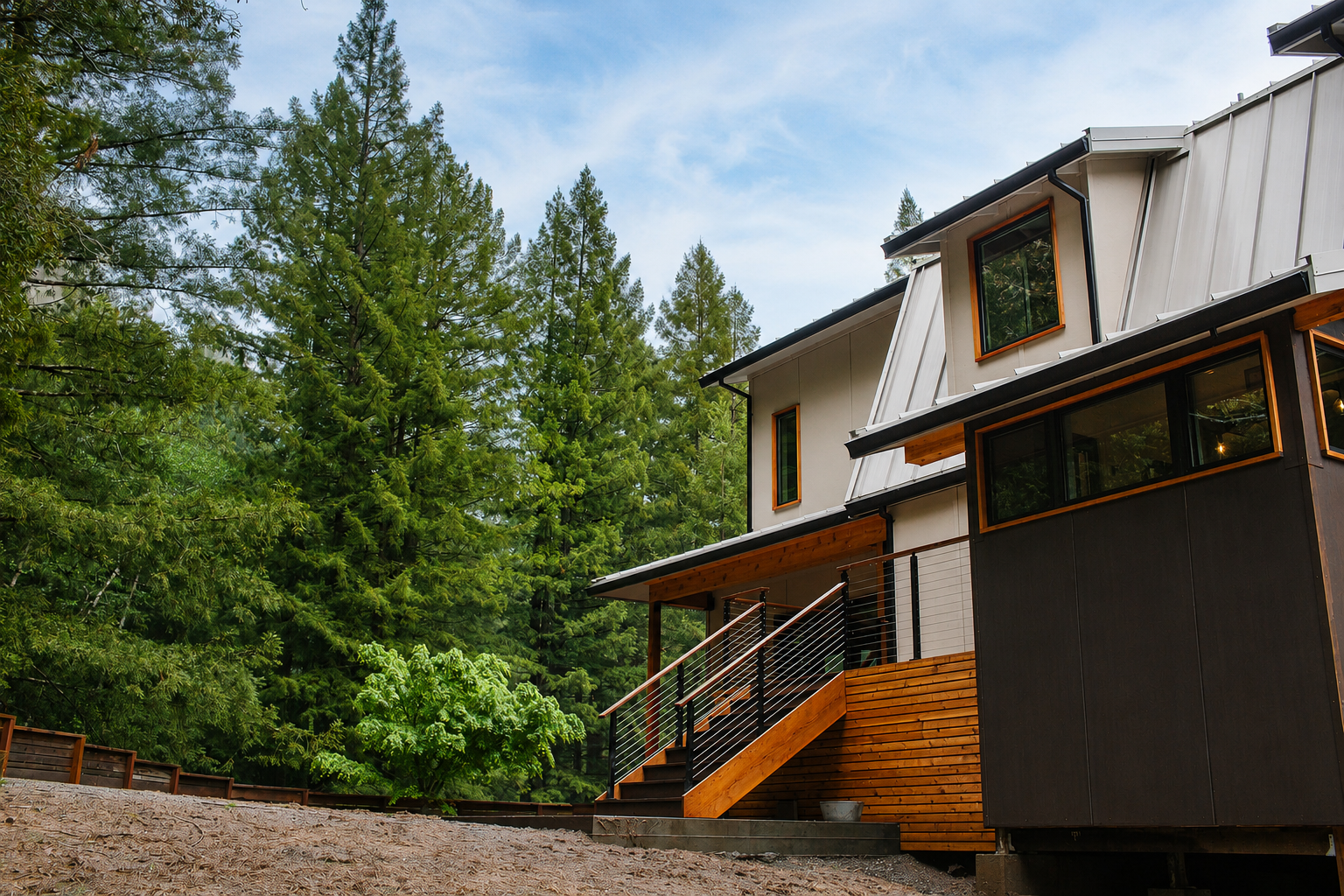 Side view of a modern, multi-story house with a mix of white, black, and wooden exterior materials, surrounded by tall green trees under a partly cloudy sky.