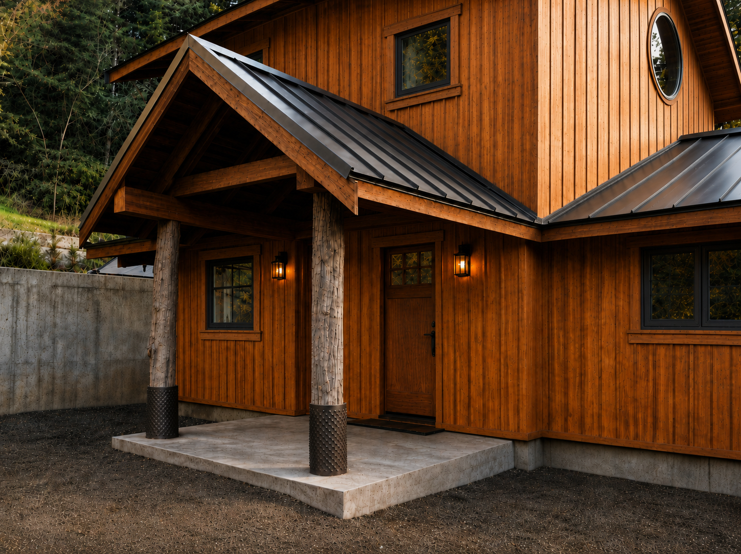 Close-up of a wooden house entrance with a small covered porch, black metal roof, warm outdoor lighting, and a concrete step, surrounded by trees.