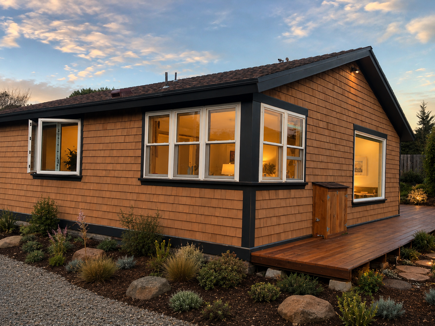 A cozy house at sunset with illuminated windows, wooden siding, and a small outdoor wooden deck, surrounded by a landscaped garden with rocks and plants.
