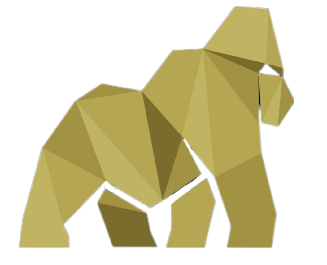 A geometric, low-poly illustration of a gorilla in shades of gold and brown, positioned on a black background.