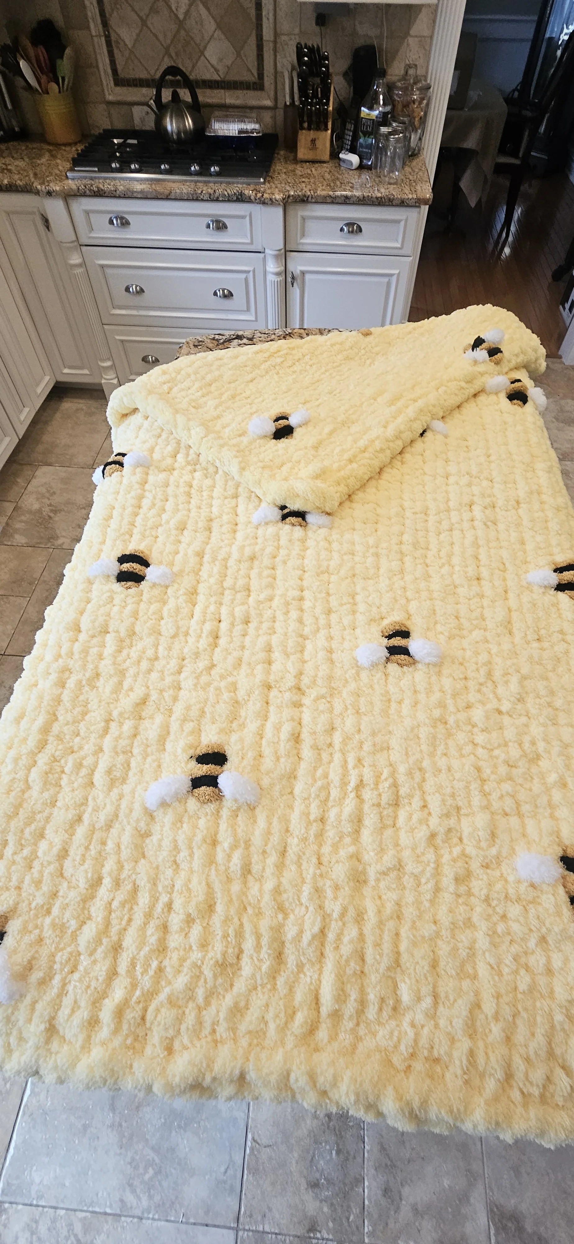 Hand Knit Yellow Chenille Blanket with Bees, Soft Chunky Yarn Cozy Throw