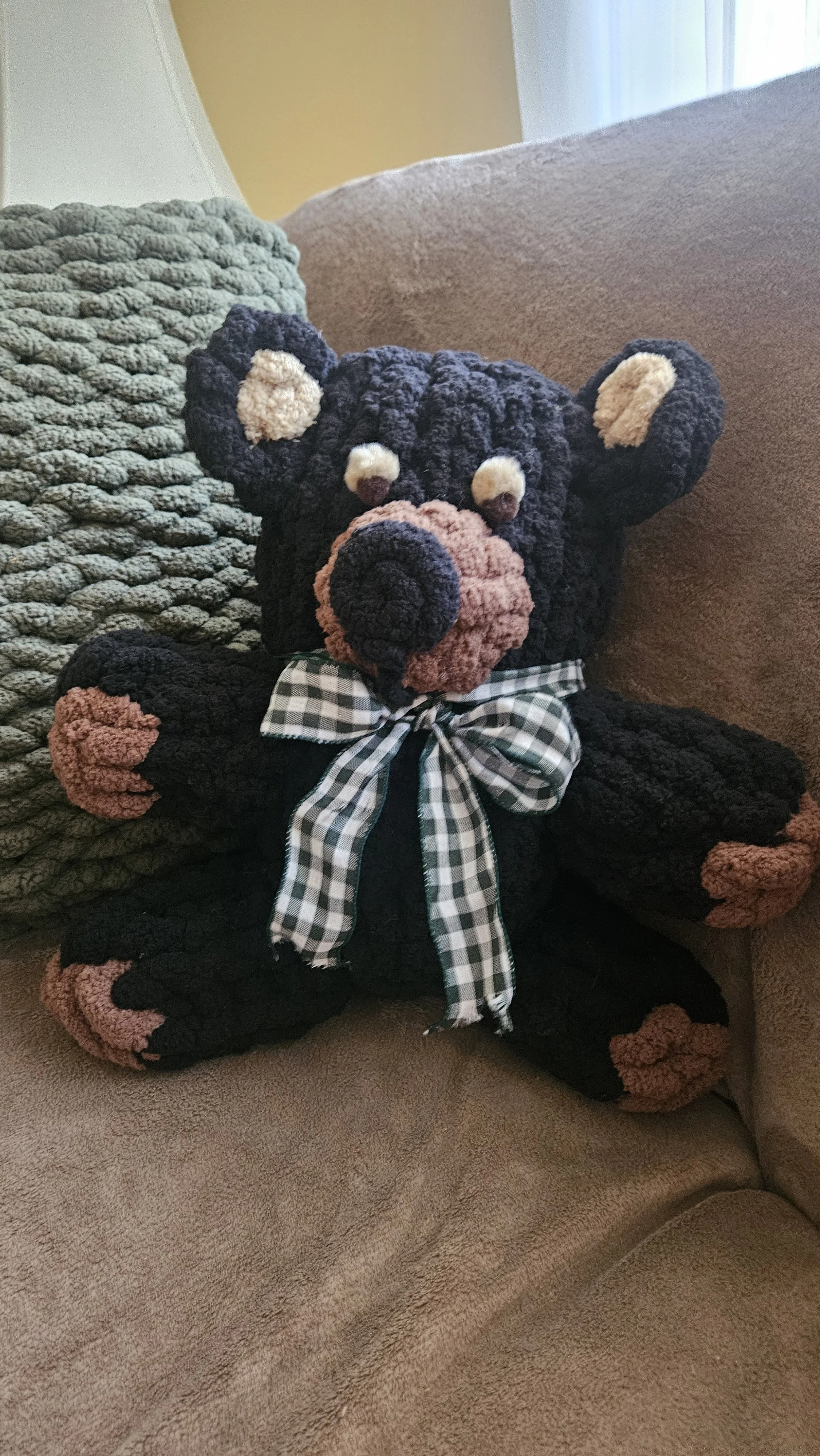 Handmade Crochet Bear with Checkered Bow