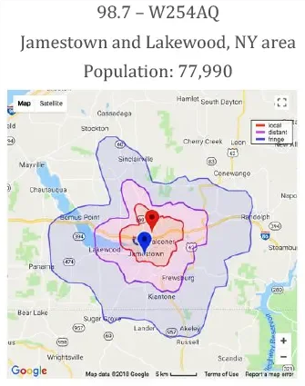 Map showing the Jamestown and Lakewood, NY area with population of 77,990, featuring colored boundary lines and a red map marker.