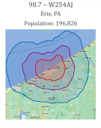 Map of Erie, Pennsylvania, showing city boundaries with overlaid colored range rings indicating specific zones, along with population details and radio station information.