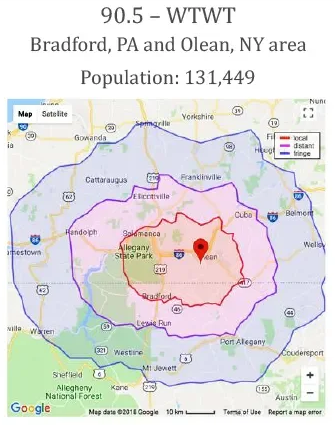 Map showing the coverage area of WTWT radio station at 90.5 FM in Bradford, Pennsylvania, and Olean, New York, with a population of 131,449. The map includes color-coded zones indicating local, distant, and fringe coverage around the station's location marked with a red pin.