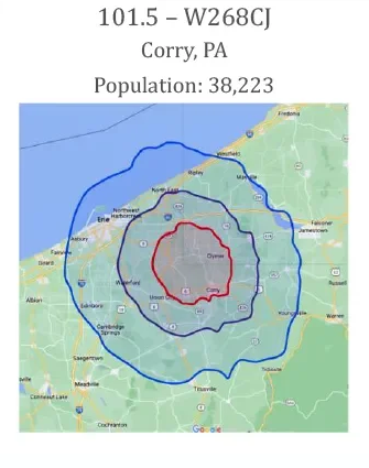 Map of Corry, PA showing radio signal coverage areas with concentric colored lines and population of 38,223.