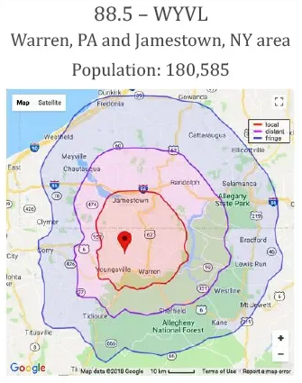 Map showing the coverage area and population of the WYWV radio station between Warren, PA and Jamestown, NY, with colored rings indicating local, distant, and fringe signal ranges.
