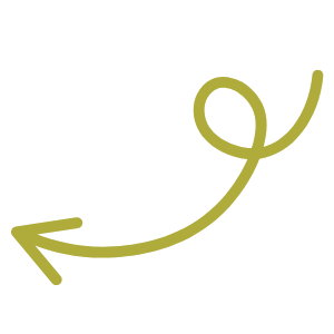 A doodle sketch of an olive green arrow with a curly q in it pointing down and left