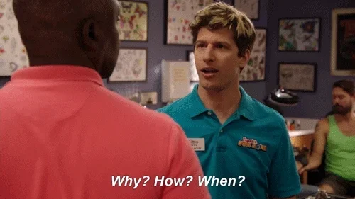 a gif from Brooklyn 99 of an amusment park employee (undercover Peralta) asking another employee (undercover Captain Holt) "Why? How? When?"