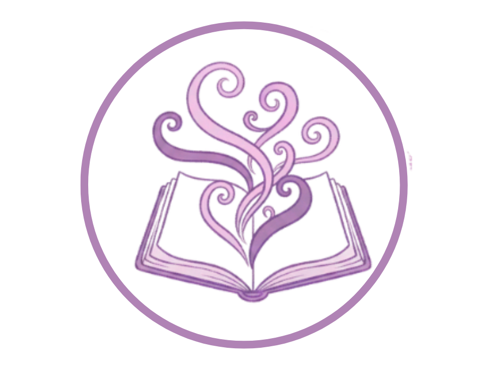 A purple and pink open book with stylized swirling steam rising from it, set against a purple background.