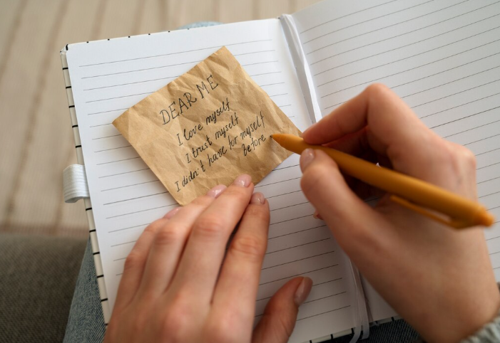 A person writes a heartfelt note on a notebook page while holding a crumpled paper with a motivational message attached. The note says, 'Dear Me, I love myself. I trust myself. I didn't hide for myself before.'