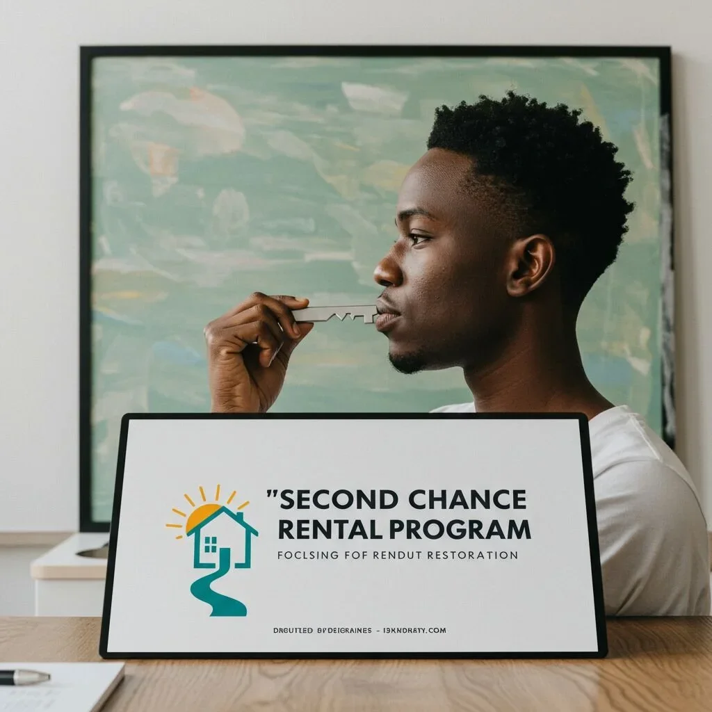 A man holding a small wrench in front of a sign that reads 'Second Chance Rental Program - Focusing for Rendezut Restoration' with a house logo, sitting at a desk with a laptop and papers. There is a map or painting in the background.