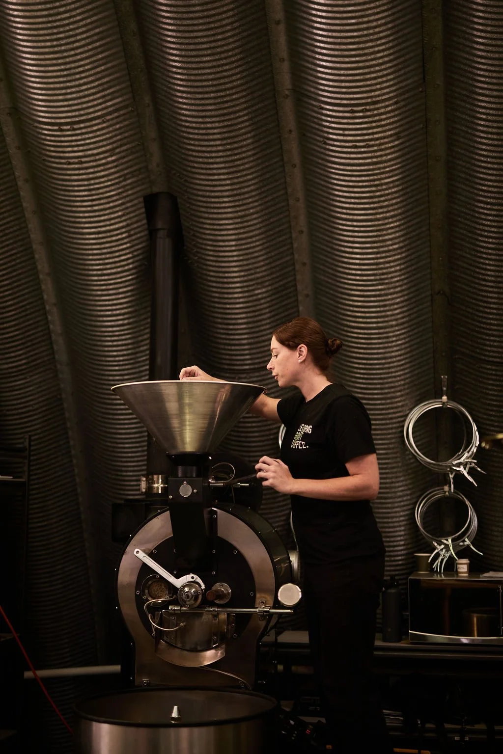 Roasting coffee at Leaping Goat Coffee in North West Tasmania during TrailGraze, part of the Tasting Trail Tasmania artisan producer experience.