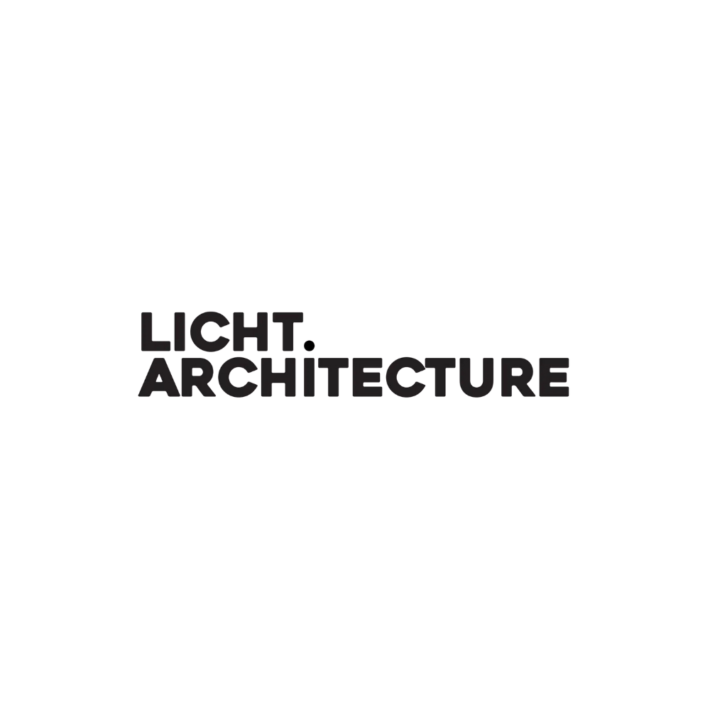 Text on a black background reads "Licht. Architecture" in bold, 3D black letters with a red dot over the 'i' in 'Licht'.