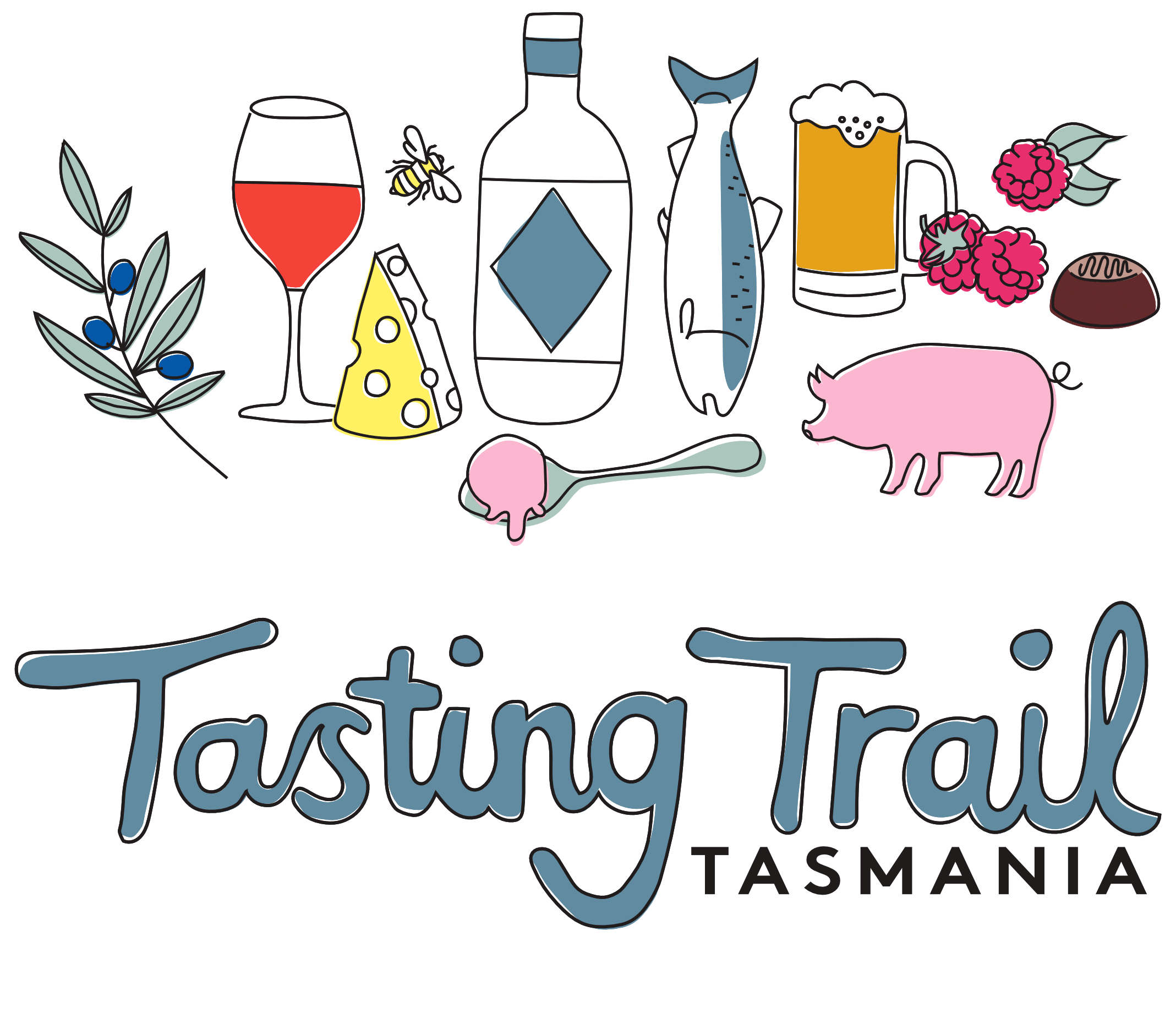 Illustration promoting Tastings Trail Tasmania, featuring wine, cheese, seafood, beer, chocolate, pig, raspberries, blueberries, and herbs.