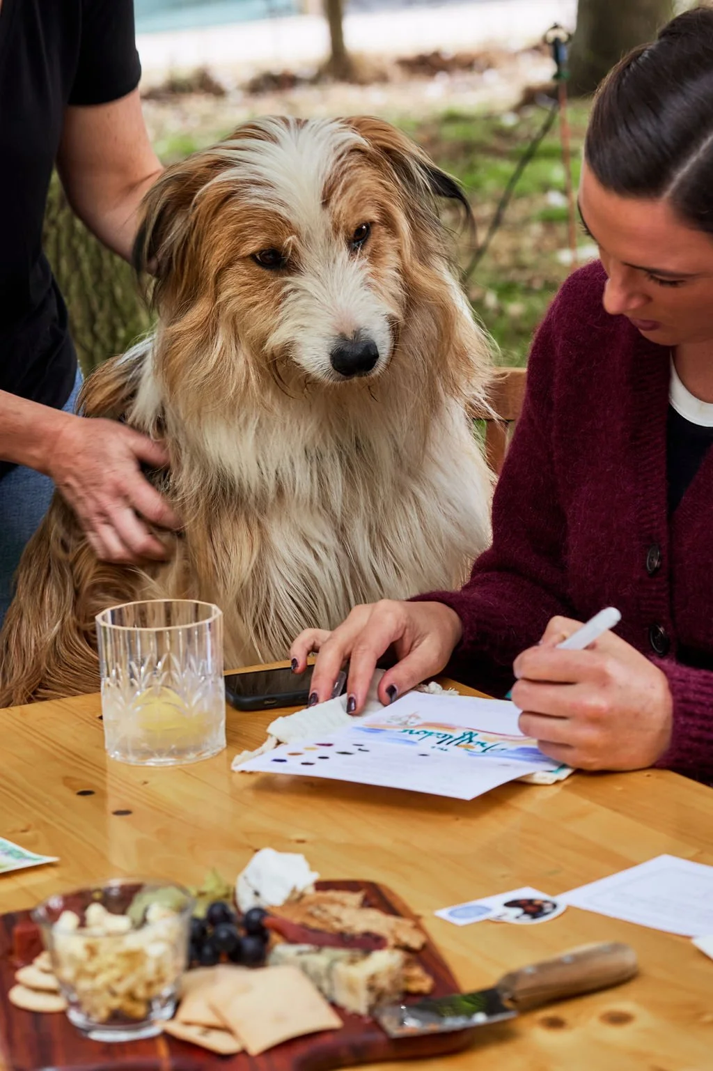 A fluffy dog sitting at a table at The Truffledore with two women, one writing on a notepad and one petting the dog, outdoors with trees in the background. The table has food, a glass of water with lemon, and papers.
