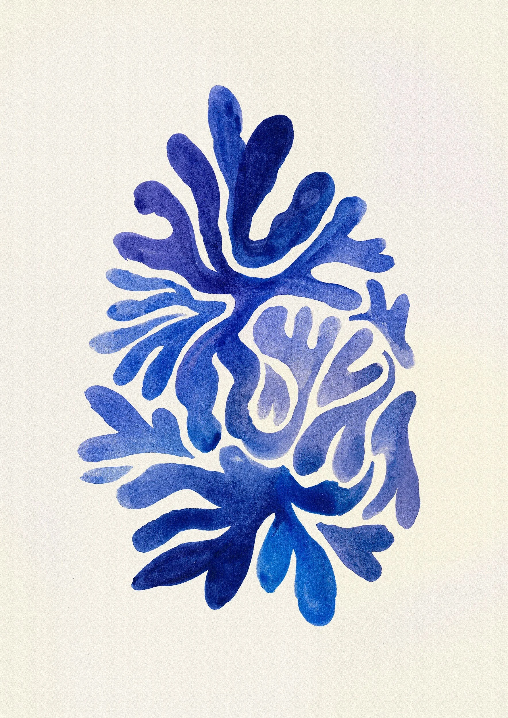 Abstract watercolor painting of marine seaweed or coral in various shades of blue. Queer nonbinary therapist offering trauma therapy via telehealth, LGBTQ+ affirming therapist providing online EMDR therapy in California, Oregon, Wisconsin