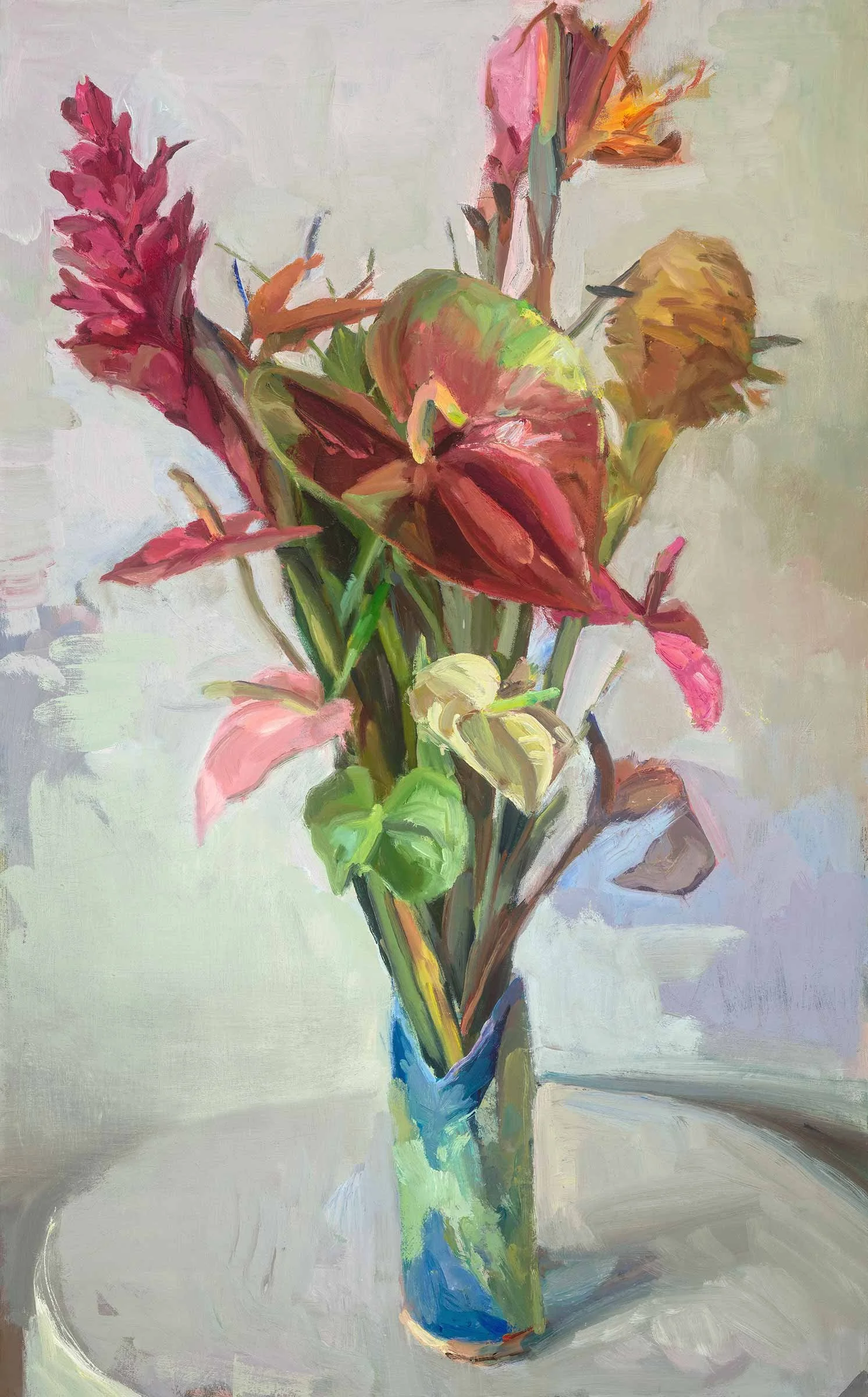 A colorful painting of a flower arrangement in a tall blue and green vase on a white surface.
