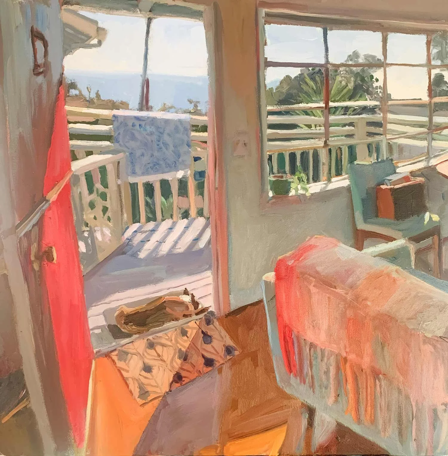 A painting of cozy room with a couch, a table, and large windows and a door opening to a balcony with outdoor furniture against a scenic view of the sea under a clear sky.