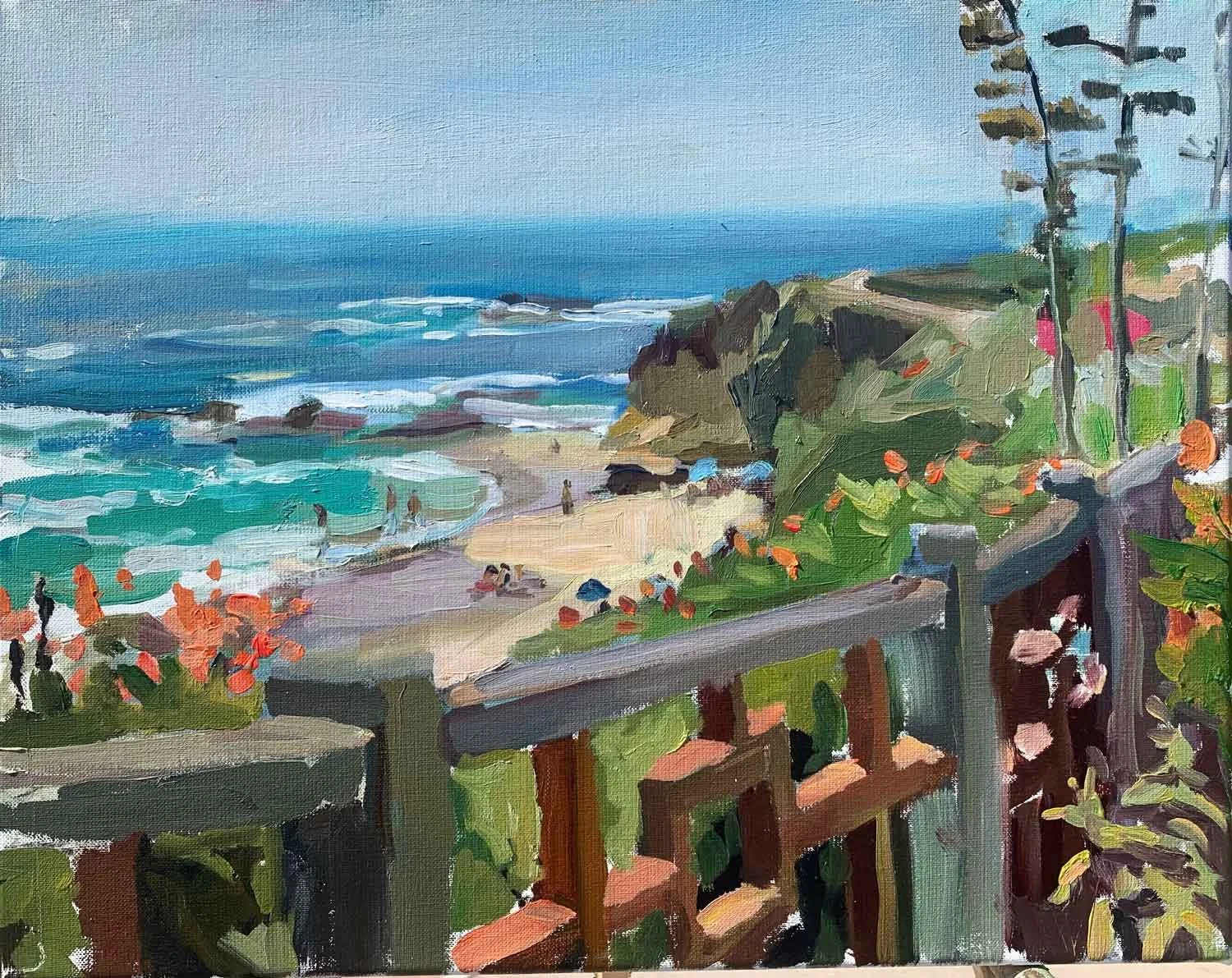 A painted view of a beach seen from a wooden deck with green railing and pink flowers, overlooking rocks, sand, ocean waves, and people enjoying the beach under a blue sky.