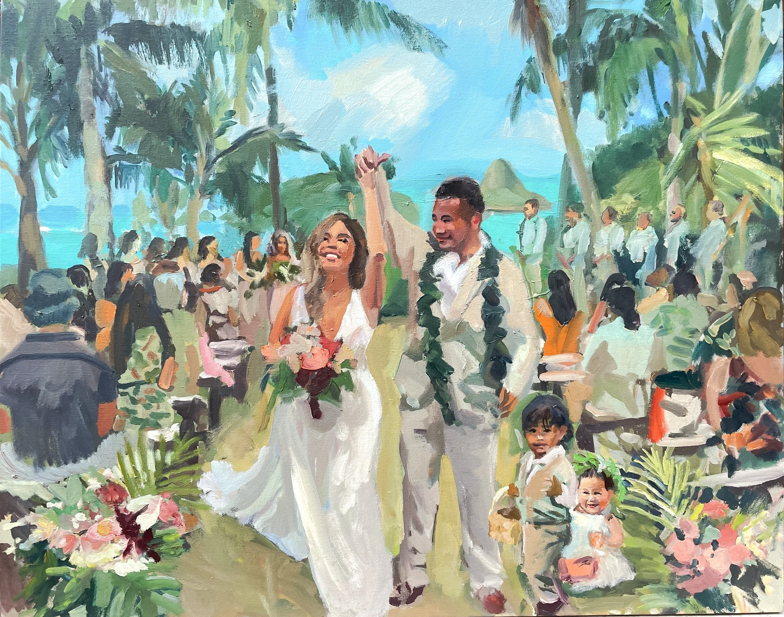 Painting of a tropical outdoor wedding celebration with a smiling bride holding flowers and raising her hand, the groom beside her, surrounding guests, lush greenery, palm trees, and an ocean view in the background.