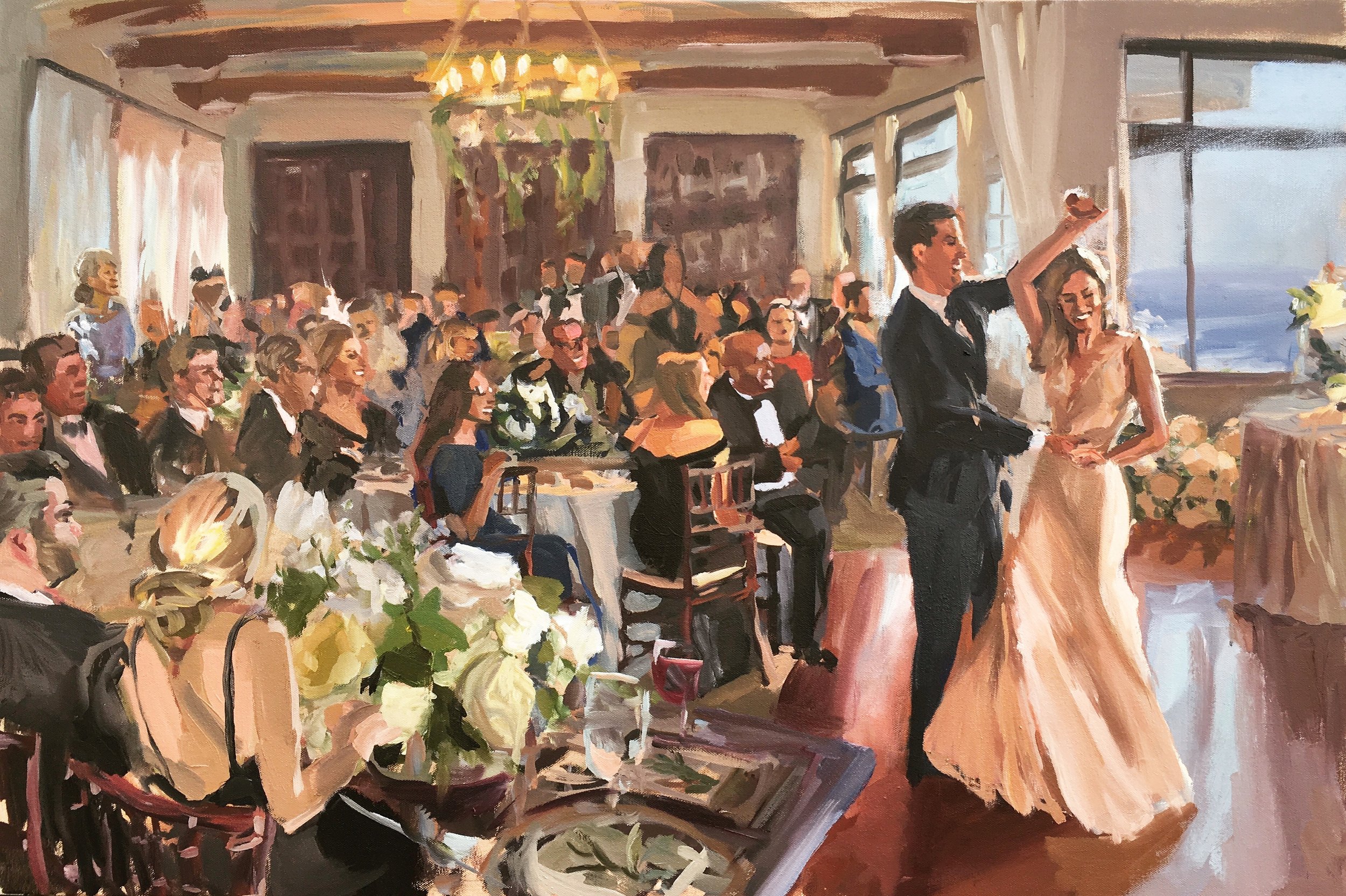 A painting of a wedding reception with a bride and groom dancing in front of an audience. The room is elegantly decorated with floral arrangements and a large chandelier. The guests are seated at tables, watching and smiling.