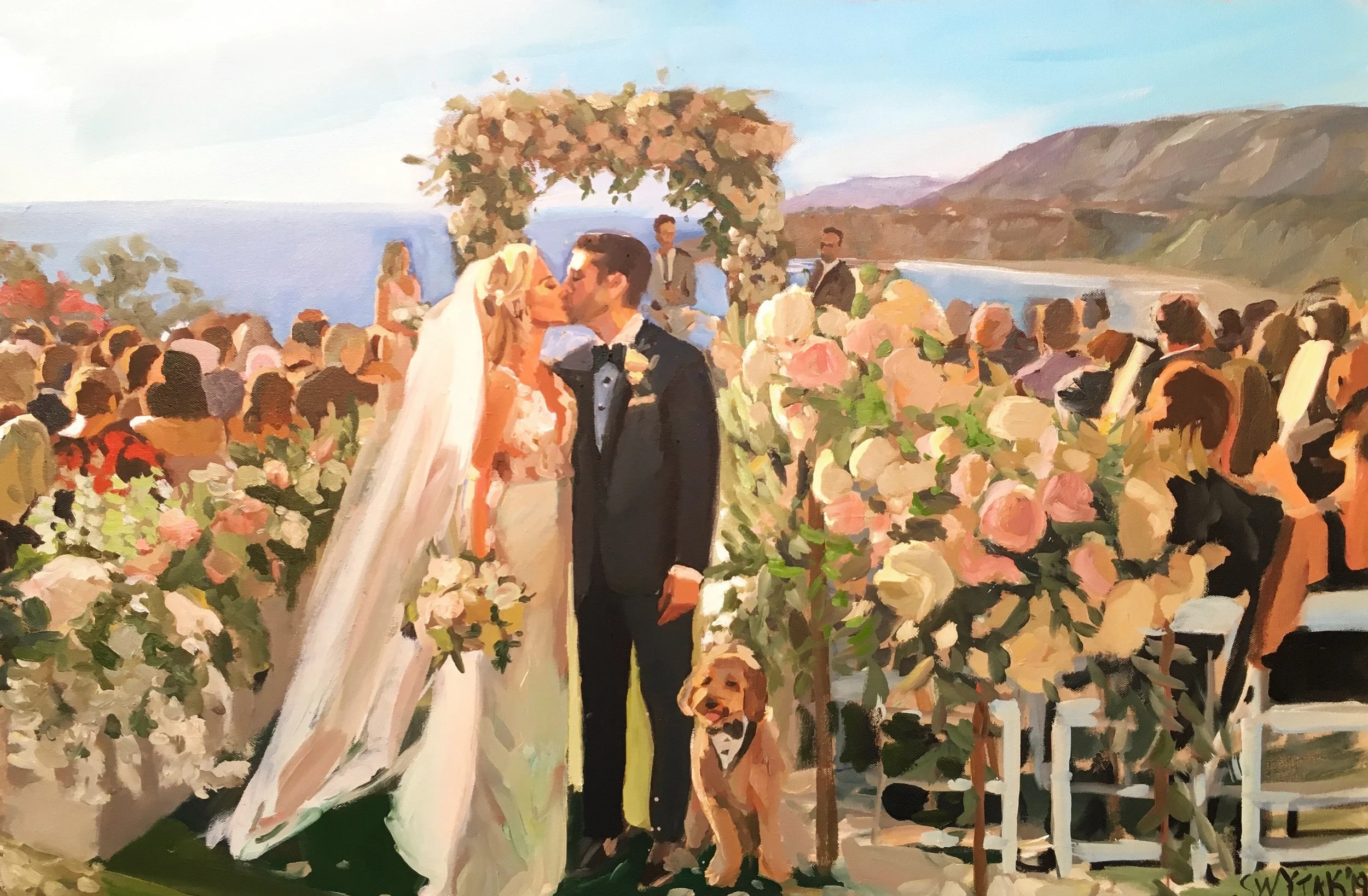 A painting of a wedding ceremony on a scenic outdoor location near the ocean, with a bride and groom kissing under a floral arch, surrounded by guests and a dog.