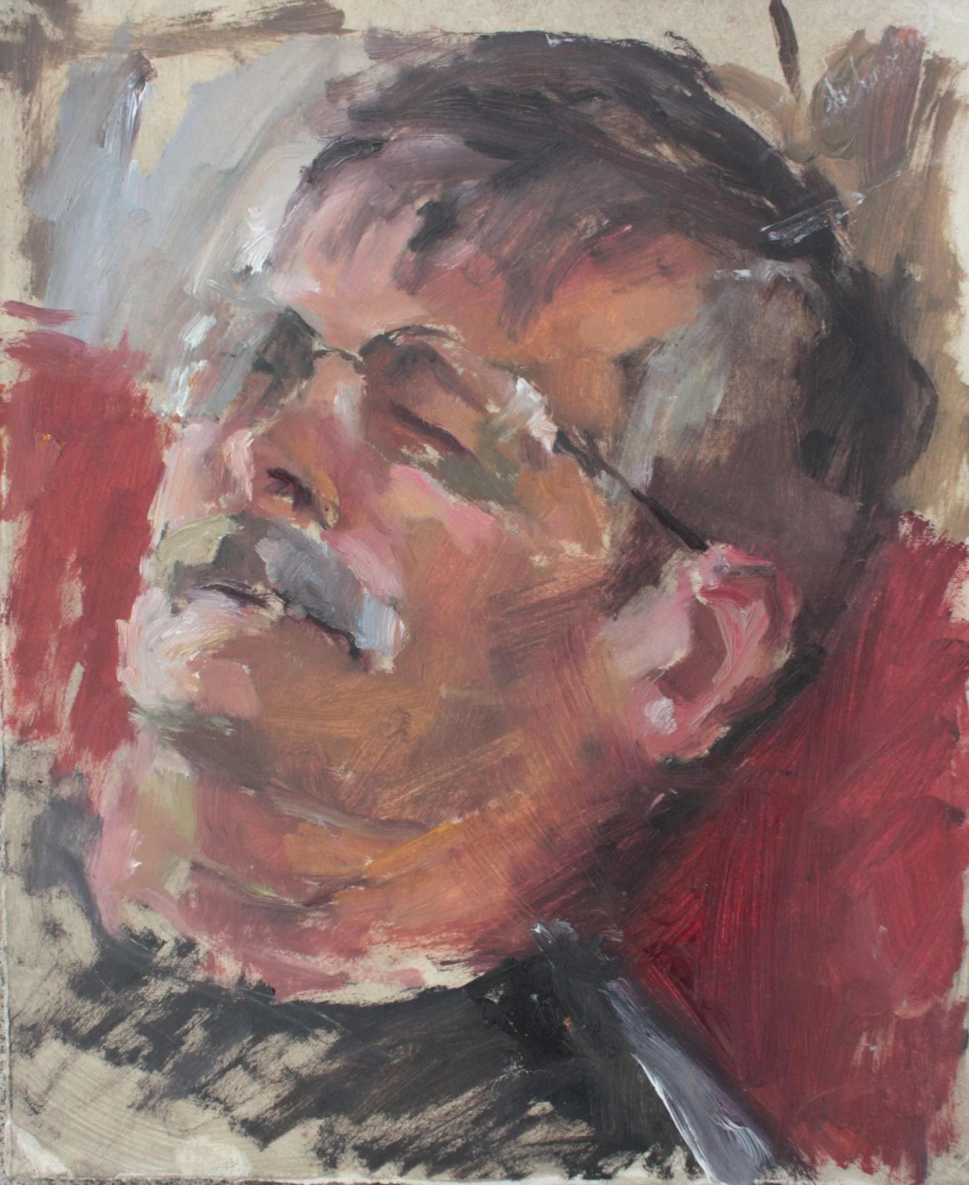 A portrait painting of an elderly man with glasses, gray hair, and a mustache, resting his face on a red cushion or pillow.